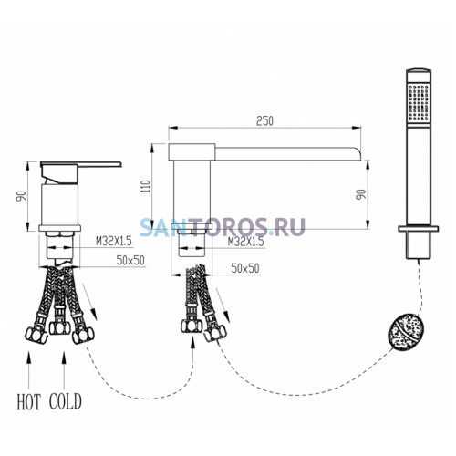 Смеситель на борт ванны Groсenberg GB6008-2 Хром GB6008-2CR