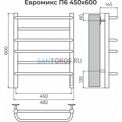 Евромикс П6 450х600 электро КС 9005 матовый ( new встроен диммер) Полотенцесушитель TERMINUS