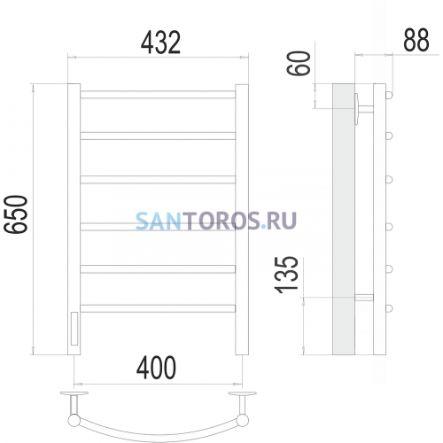 Классик П6 400х650 Электро (quick touch) слева Полотенцесушитель TERMINUS