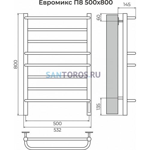 Евромикс П8 500х800 электро КС 9005 матовый ( new встроен диммер) Полотенцесушитель TERMINUS