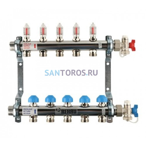 Коллекторная группа REHAU HKV-D на 5 выходов (12080511002) 1x3/4ЕК из нержавеющей стали с регулирующими и термостатическими вентилями и расходомерами 12080511002