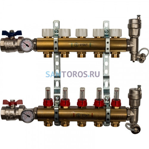 Коллекторная группа из латуни с расходомерами 5 выходов STOUT SMB 0473 000005