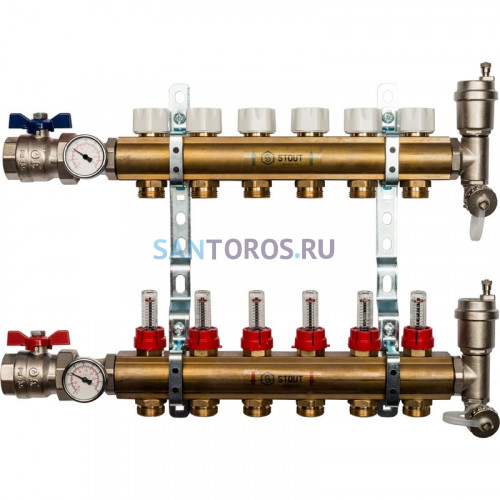 Коллекторная группа из латуни с расходомерами 6 выходов STOUT SMB 0473 000006