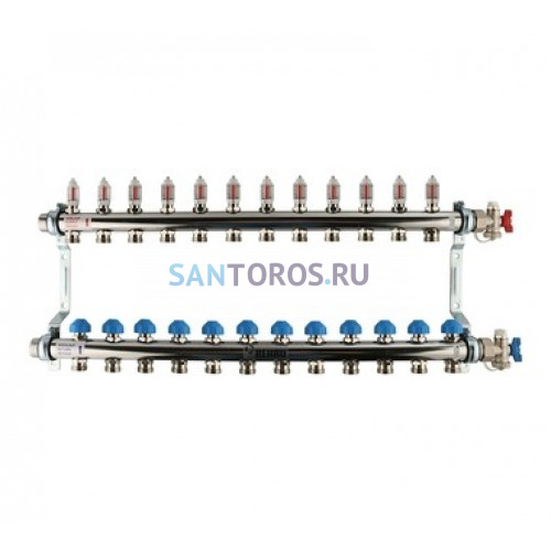 Коллекторная группа REHAU HKV-D на 12 выходов (12081211002) 1x3/4ЕК из нержавеющей стали с регулирующими и термостатическими вентилями и расходомерами 12081211002