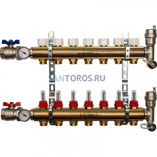 Коллекторная группа из латуни с расходомерами 7 выходов STOUT SMB 0473 000007