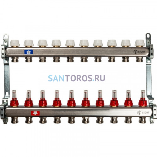 Коллектор STOUT SMS 0917 000010 на 10 выходов, из нержавеющей стали с расходомерами SMS 0917 000010