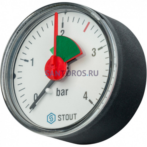 Манометр аксиальный 50 мм 1/4 с указателем предела, 0-4 бар STOUT SIM-0007-500408