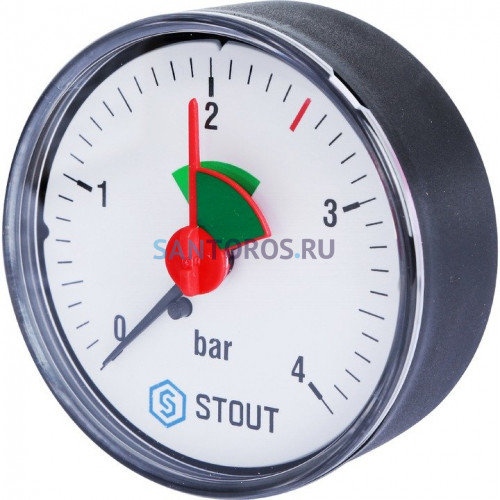 Манометр аксиальный 63 мм 1/4 с указателем предела, 0-4 бар STOUT SIM-0007-630408