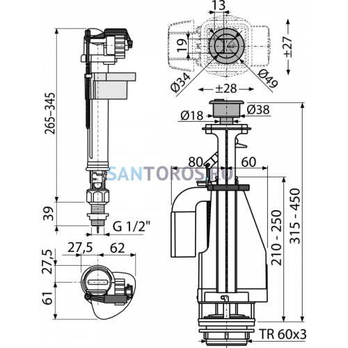 Выпускной комплект с двойной кнопкой А17 1/2, нижний Alcaplast SA08S SA08S 1/2  CHROM